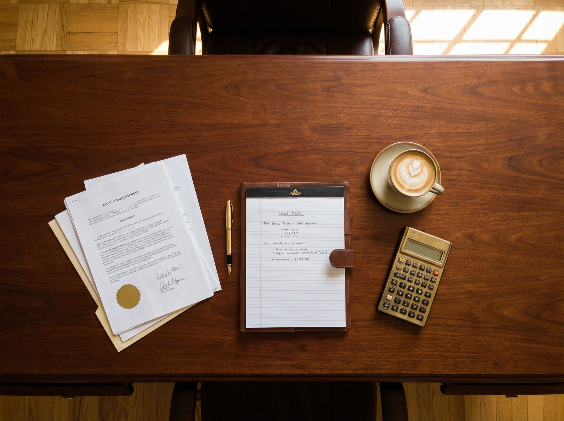 Georgia personal injury lawyer calculating case value with medical bills and legal documents on desk
