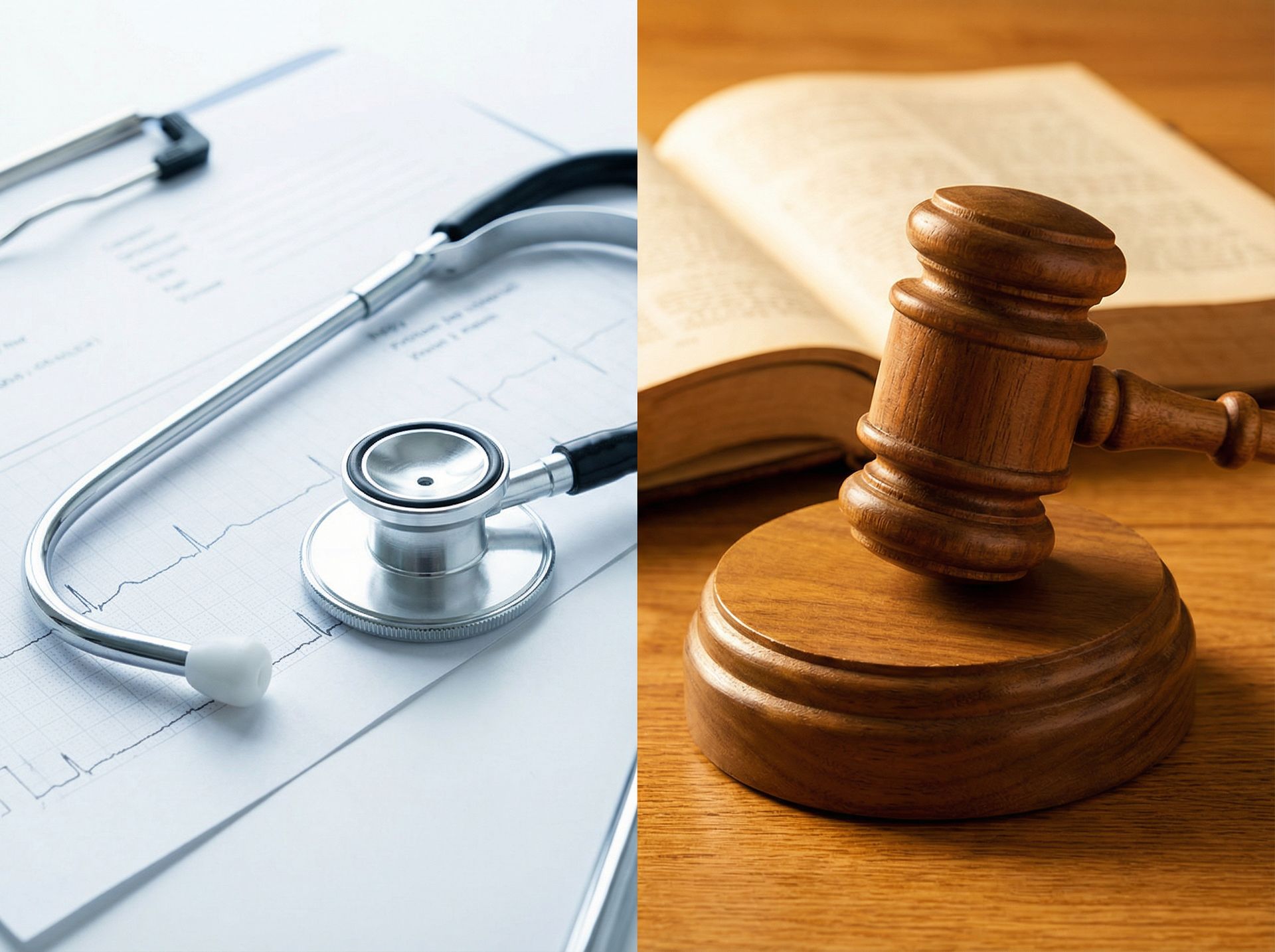  Lawyer reviewing medical records and accident reports to distinguish between malpractice and person