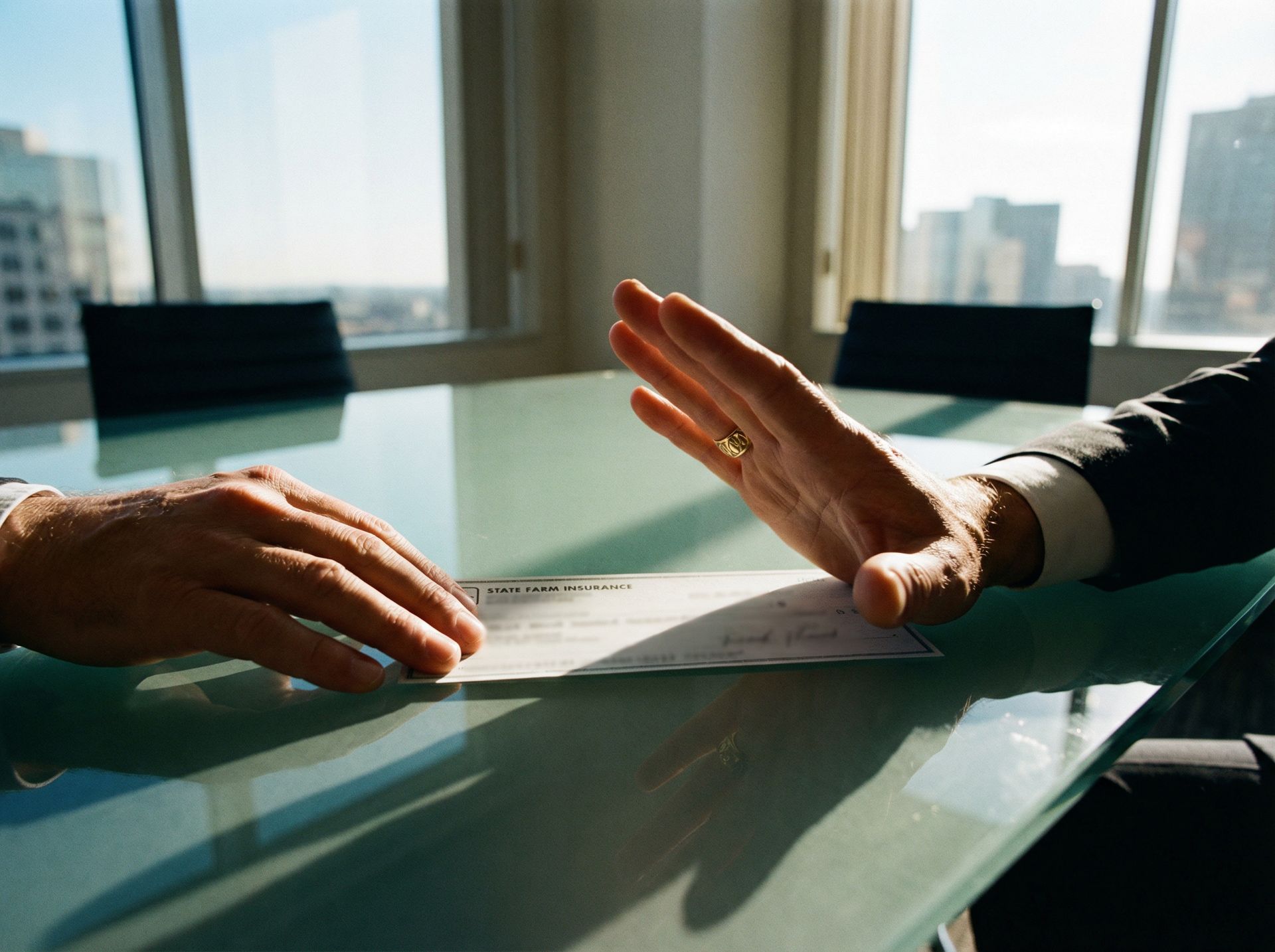 Insurance adjuster reviewing settlement documents with accident victim at desk