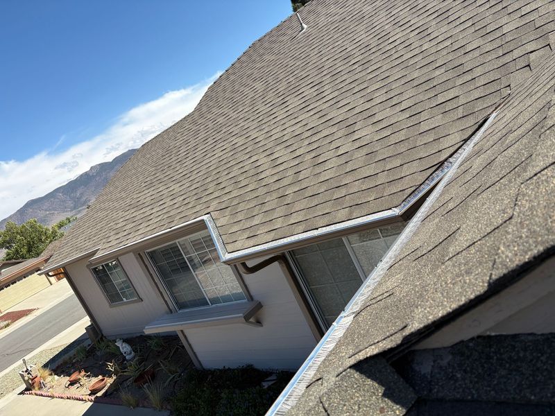 A roof with gray shingles and metal flashing. Below are windows and the side of a light-colored building with a mountain in the background.