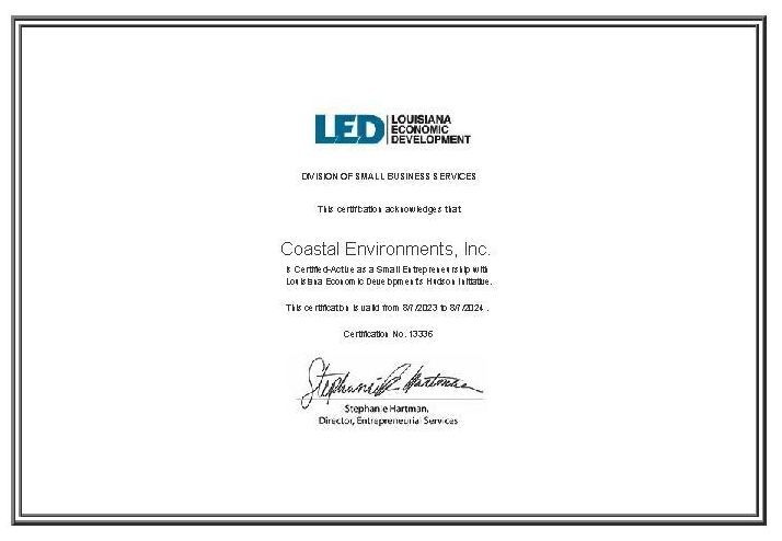 Hudson Initiative Certificate - Baton Rouge, LA - Coastal Environments, Inc.