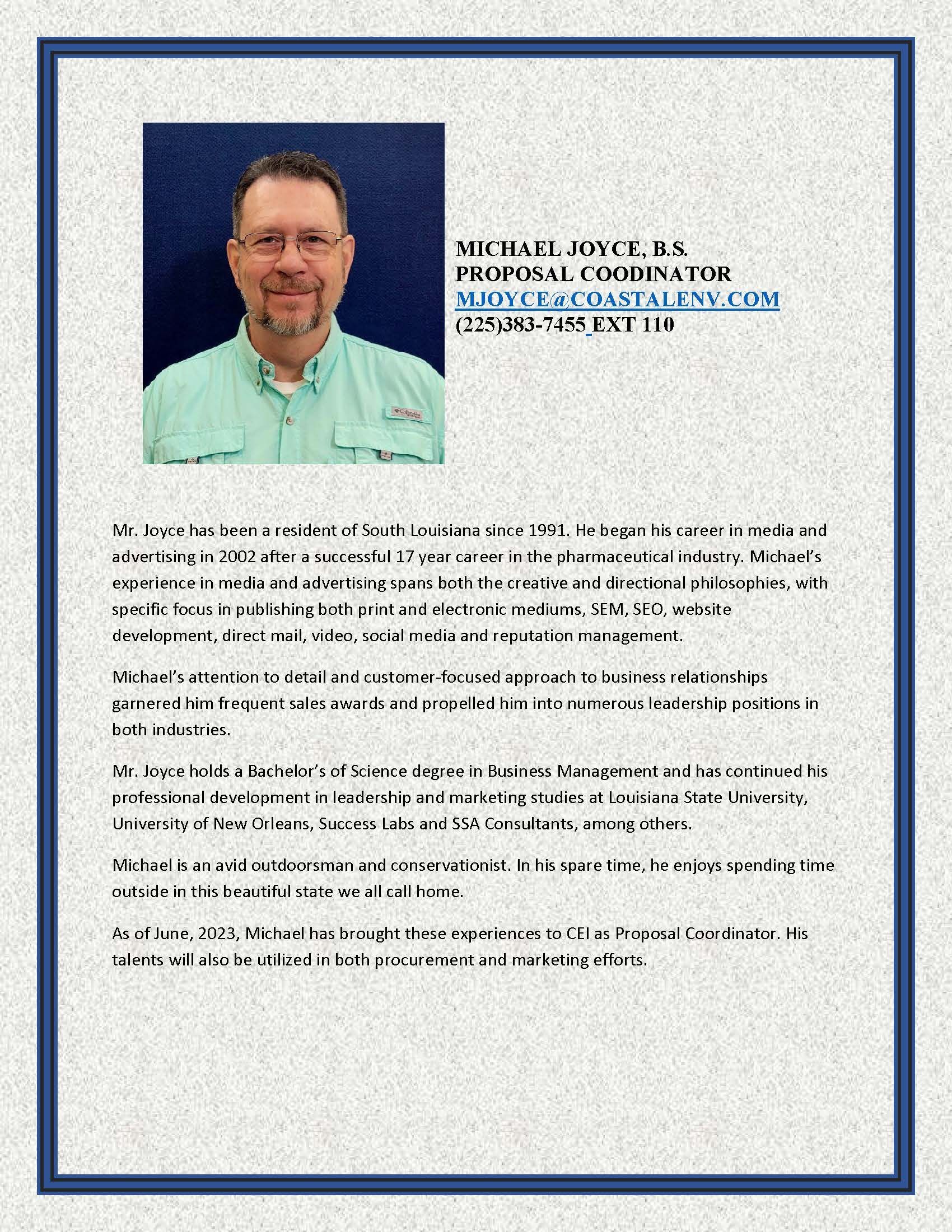 Michael Joyce Bio - Baton Rouge, LA - Coastal Environments, Inc.