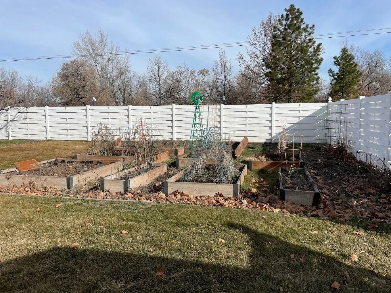 A backyard with a white fence and raised garden beds.