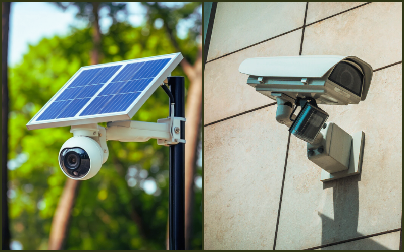 A security camera with a solar panel attached to it