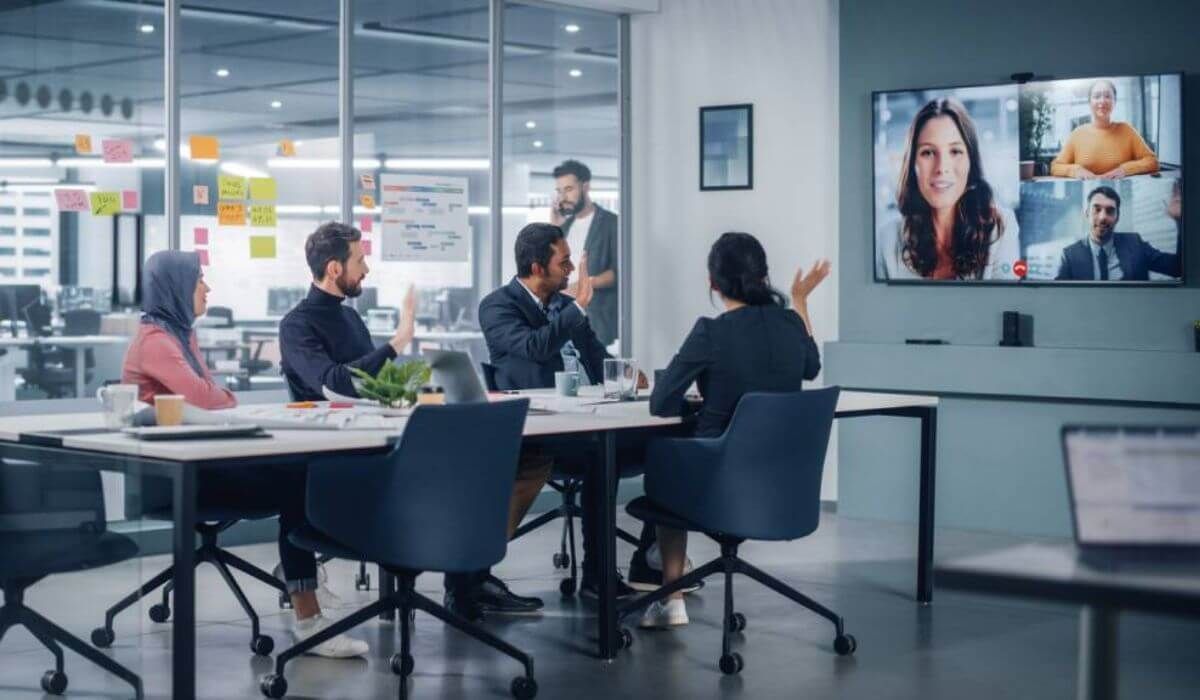 business team video conference modern office
