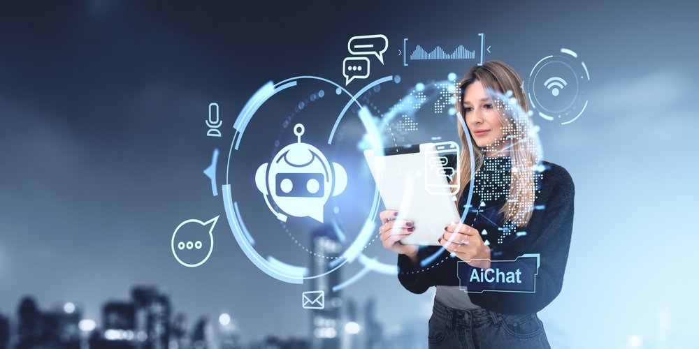 A woman is looking at a tablet with a robot icon on it.