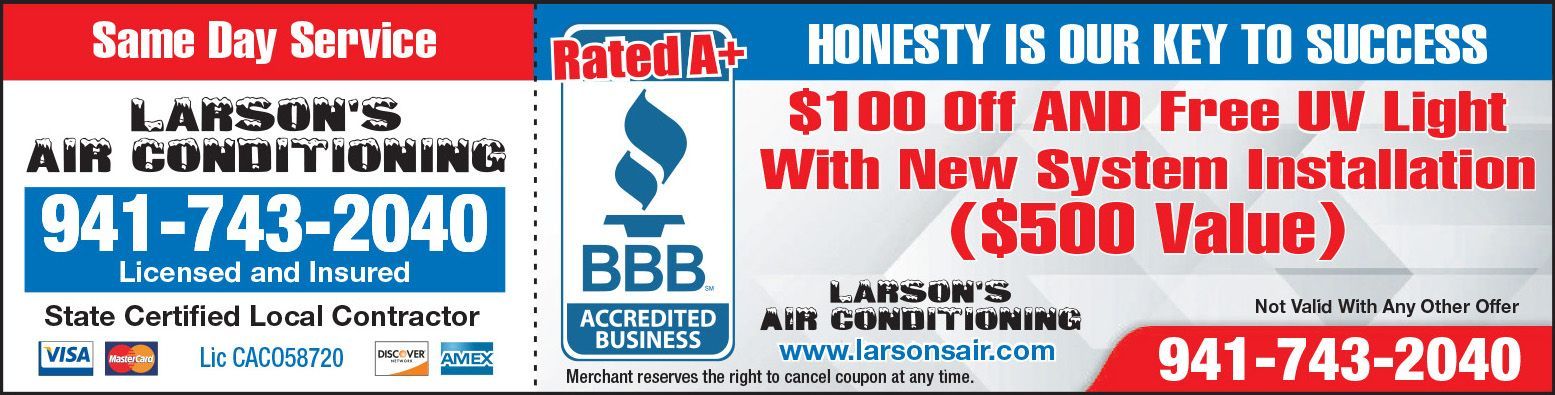 An ad for lanson 's air conditioning offers $ 100 off and free uv light with new system installation