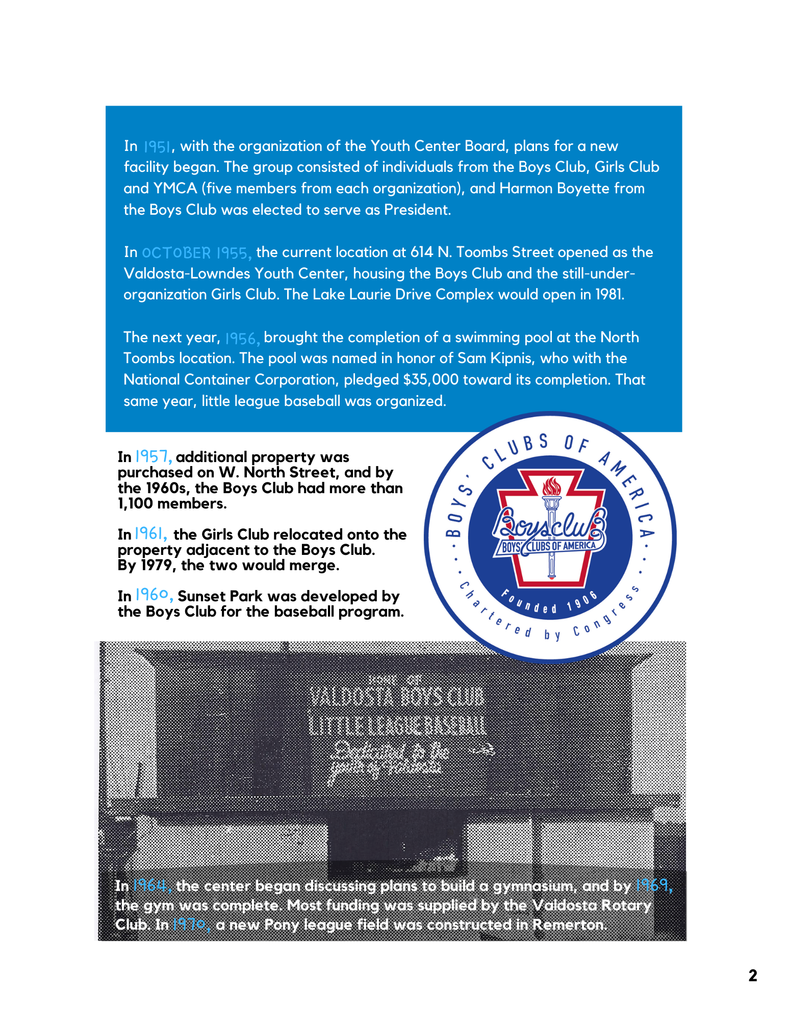 Page with text about Boys Club activities and a Boys' Club of America logo.