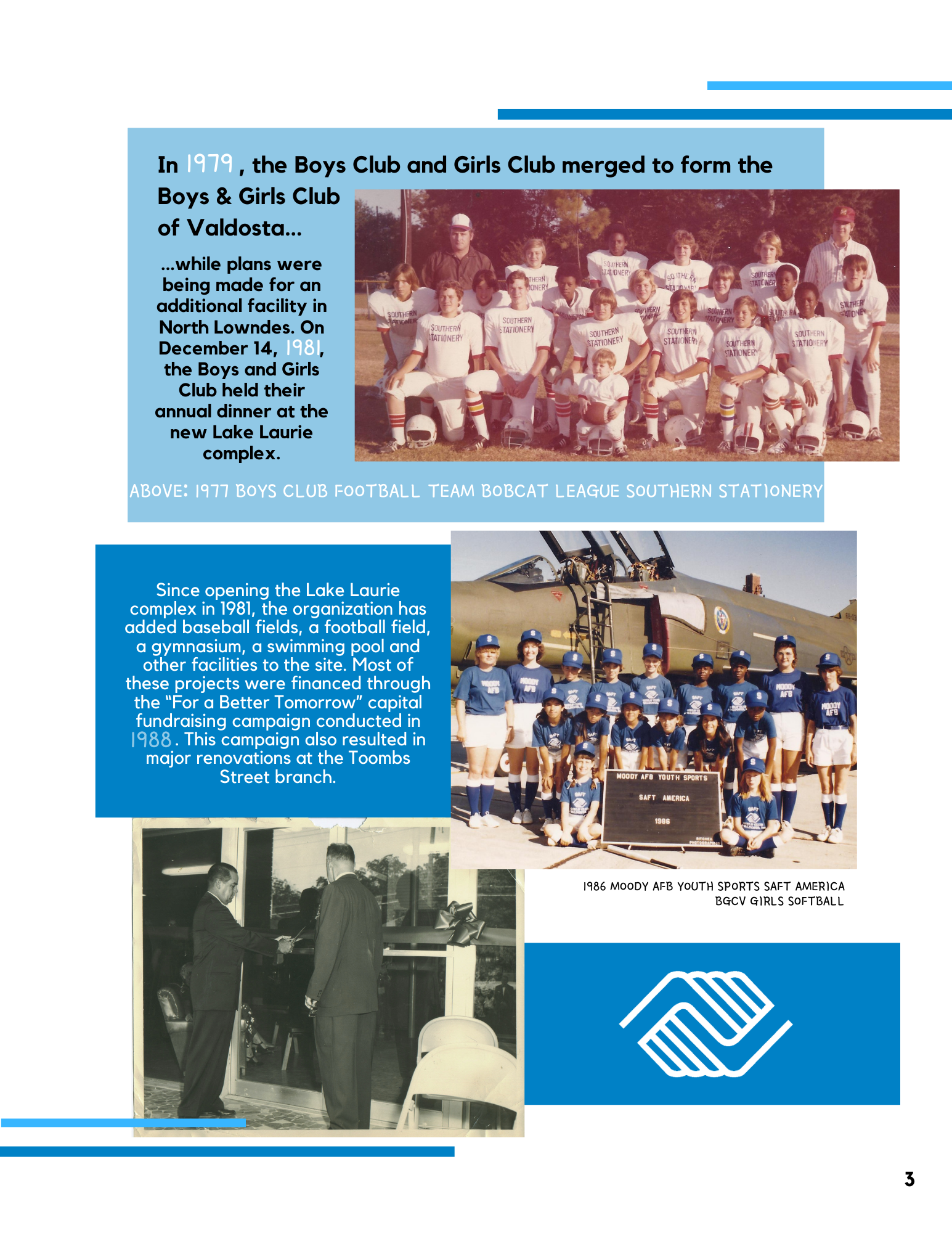 Boys & Girls Club history page with photos of teams, buildings, and logo.