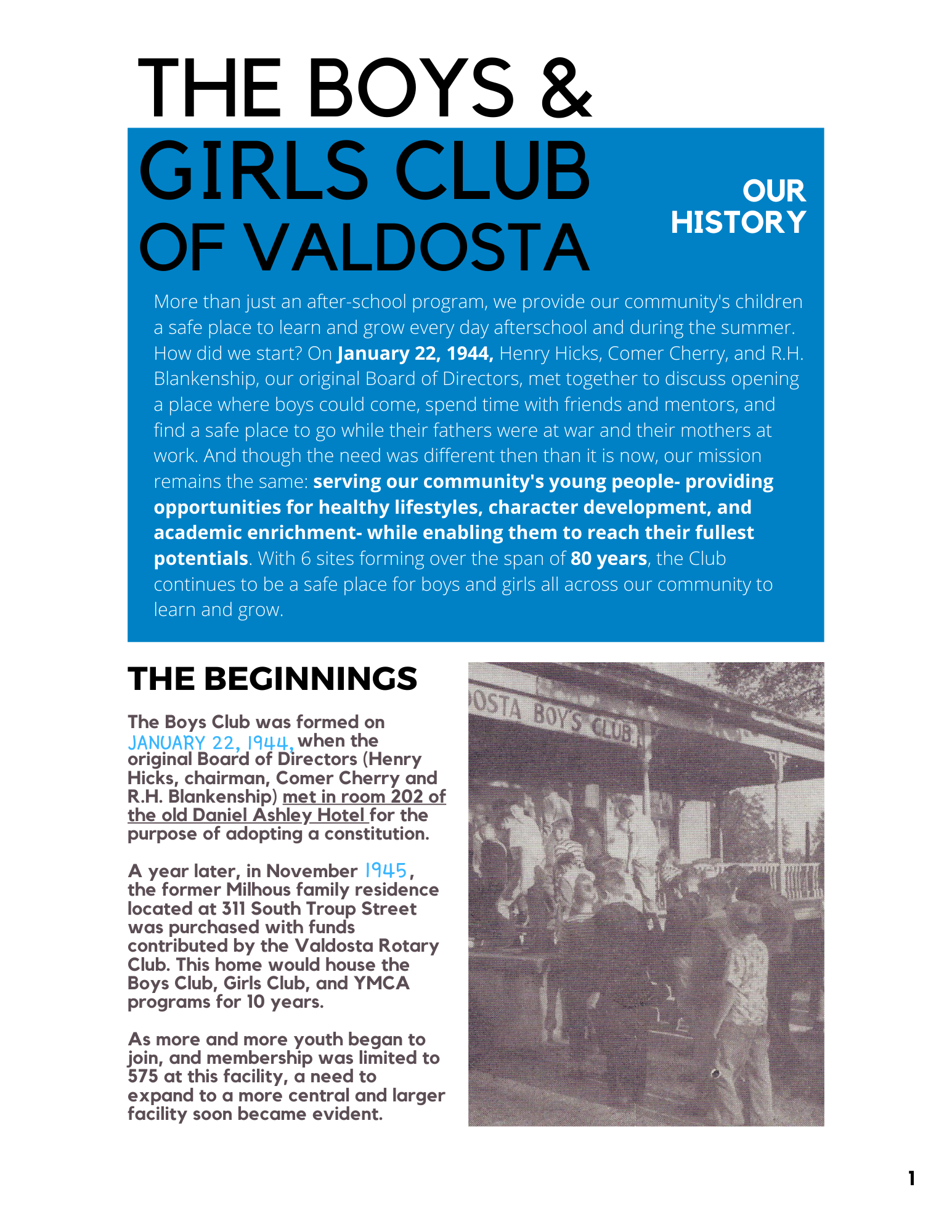 Page from a document: “The Boys & Girls Club of Valdosta” with historical text, photo of children.