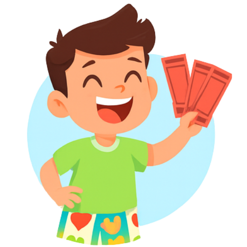 Smiling boy in green shirt holds red tickets.