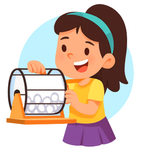 Girl turning a lottery wheel, smiling. She wears a yellow shirt, purple skirt, and blue headband.
