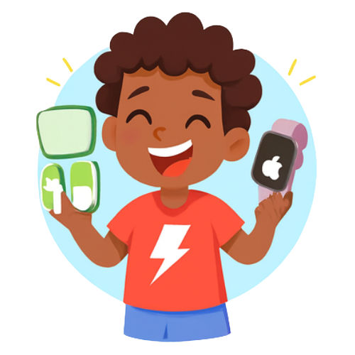 Happy child holding a smartwatch and lunchbox, wearing a red shirt with a lightning bolt.