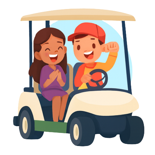 Cartoon of smiling kids in a golf cart. The driver raises his arm while the passenger claps.