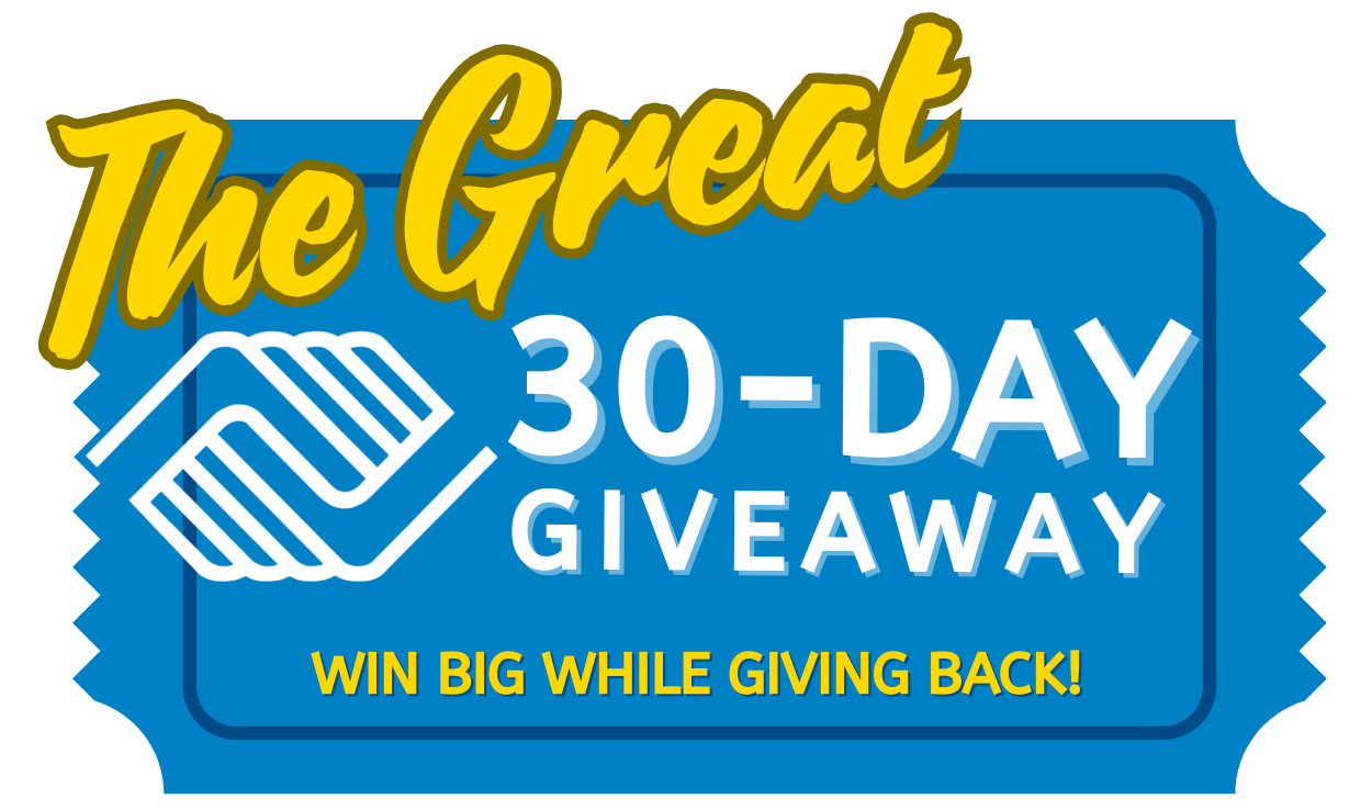 Blue ticket-shaped graphic for a 30-day giveaway. Text reads
