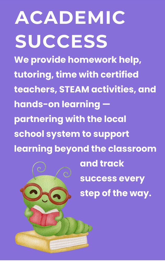 Purple ad with a cartoon caterpillar reading a book, promoting academic support services.