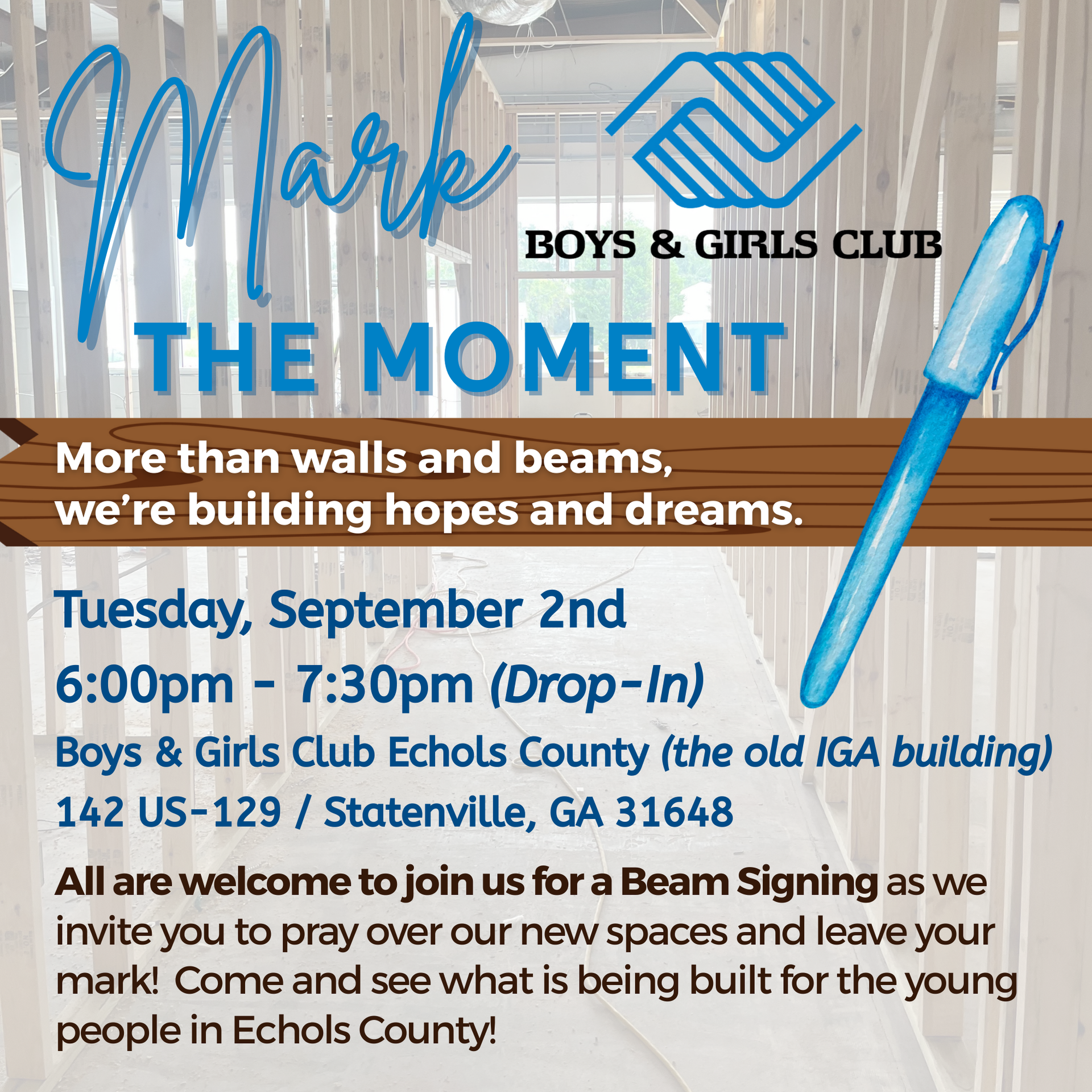 Promotional flyer for a Boys & Girls Club event: Beam Signing. Tuesday, Sept. 2nd, 6-7:30 pm, Echols County, GA.