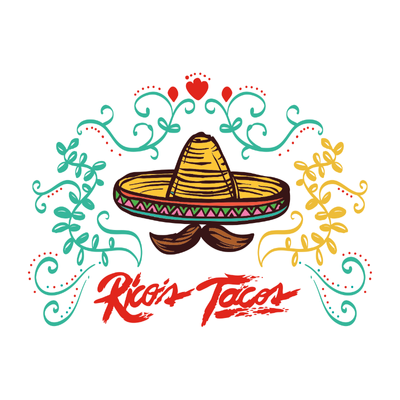 Logo for Rico's Tacos: a sombrero with a mustache, surrounded by decorative vines and the brand name in red.
