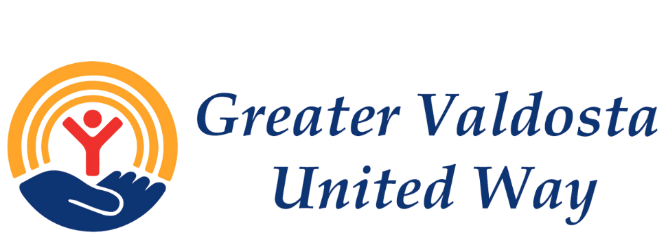Greater Valdosta United Way logo: red stick figure within a rainbow over a blue hand; text: 