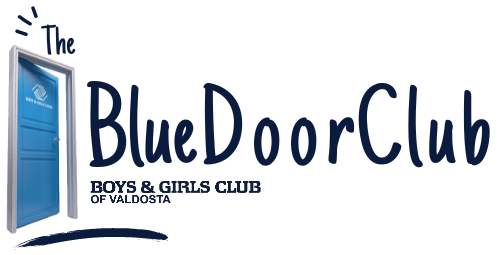The Blue Door Club logo: Blue door, name in dark blue,