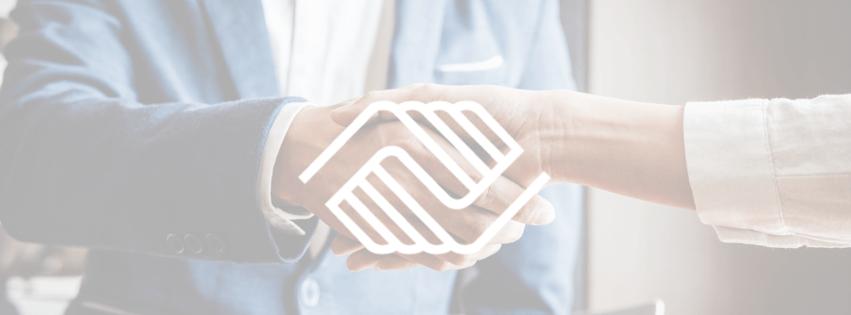 Two people shaking hands overlaid with a handshake icon, symbolizing agreement.