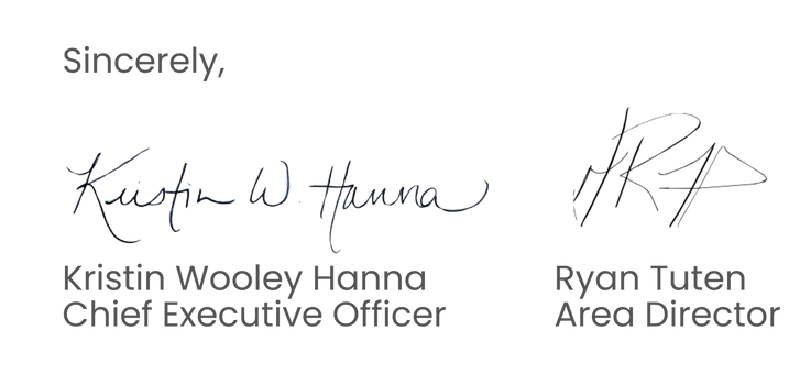 Signatures of Kristin Wooley Hanna, CEO, and Ryan Tuten, Area Director, concluding a document.