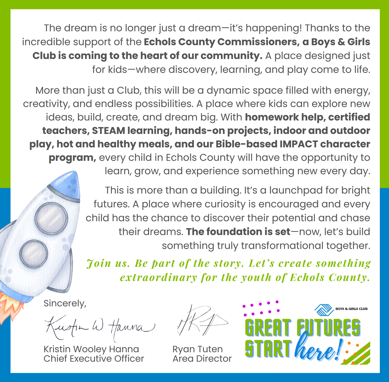 Announcement for a Boys & Girls Club in Echols County with a rocket, green and blue background.