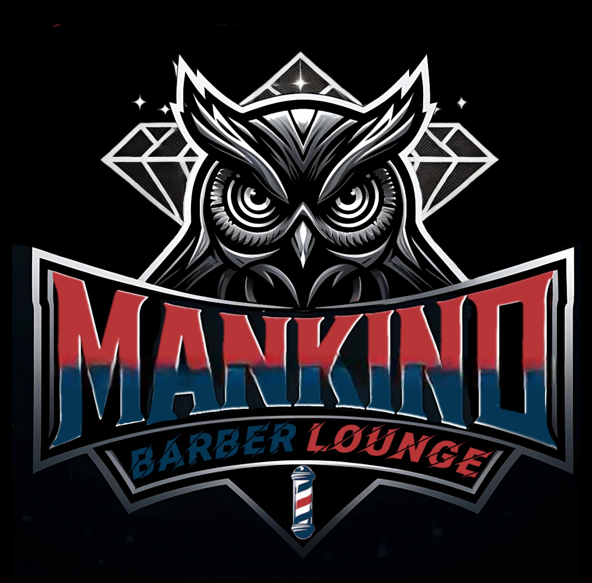 A logo for a barber lounge with an owl and a barber pole.