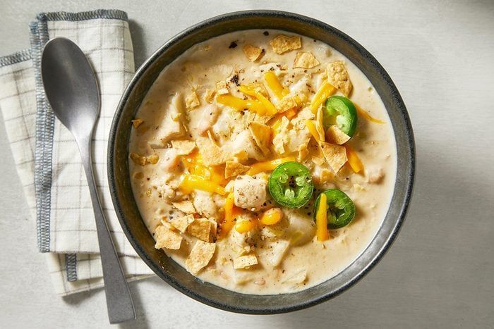 White chili served in a bowl