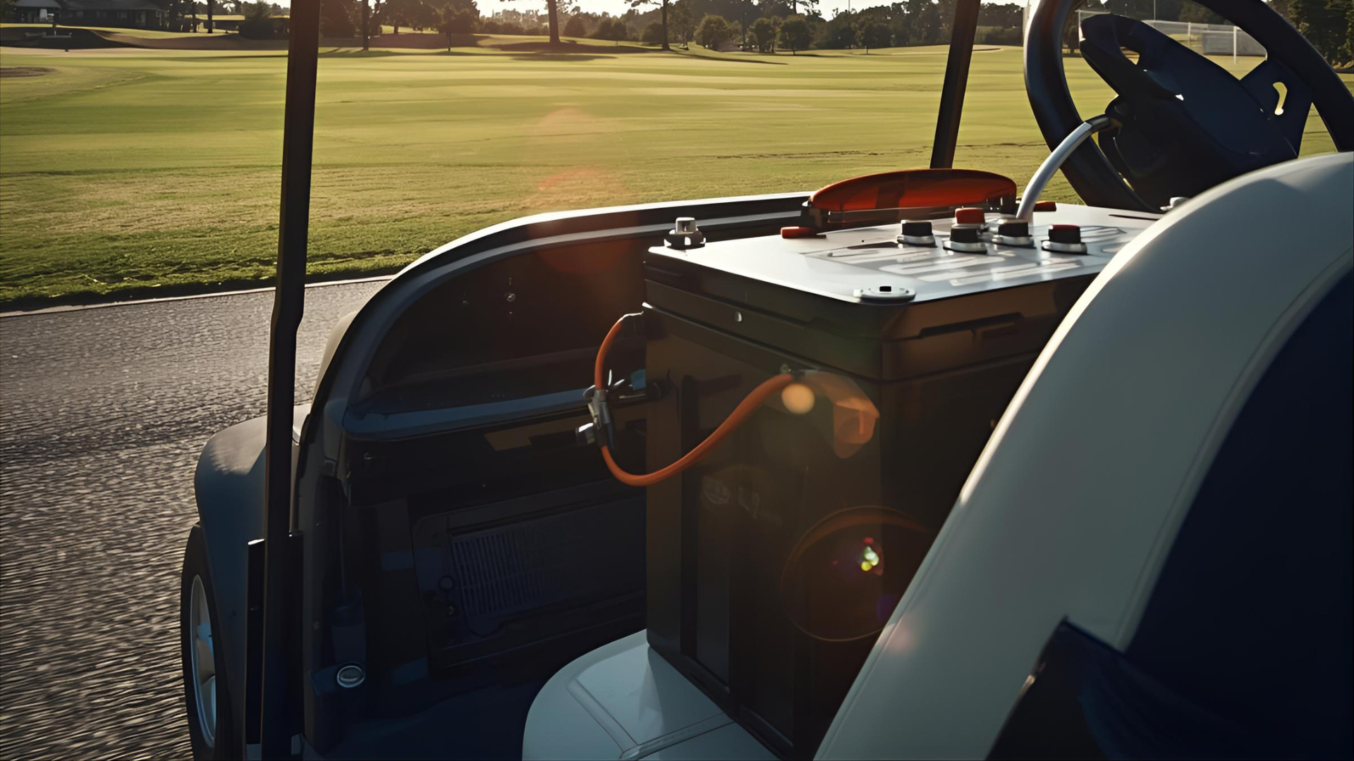 Green golf cart on a green golf course with blue sky and trees in the background.