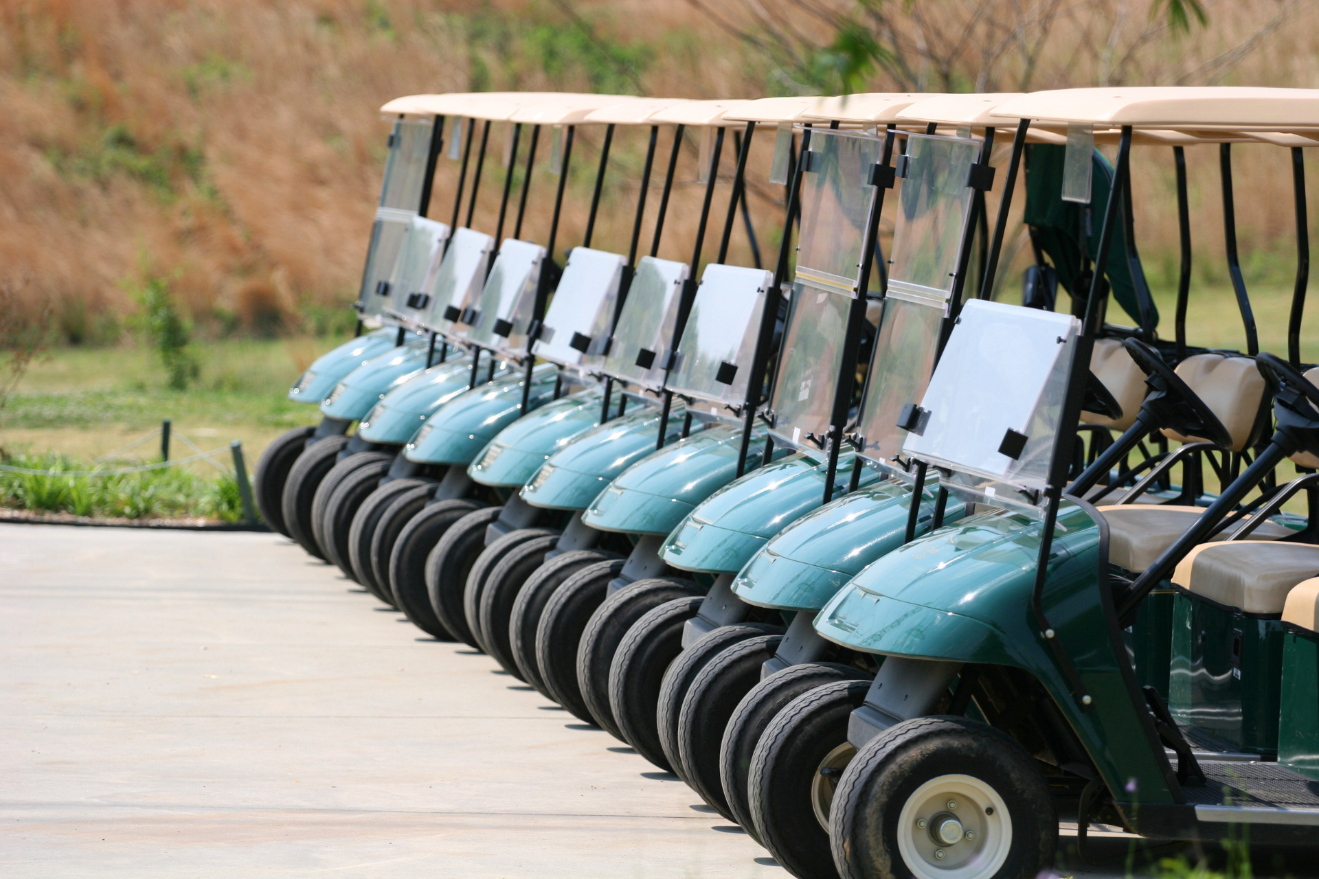 A row of teal golf carts parked in a line, with beige roofs and clear windshields.