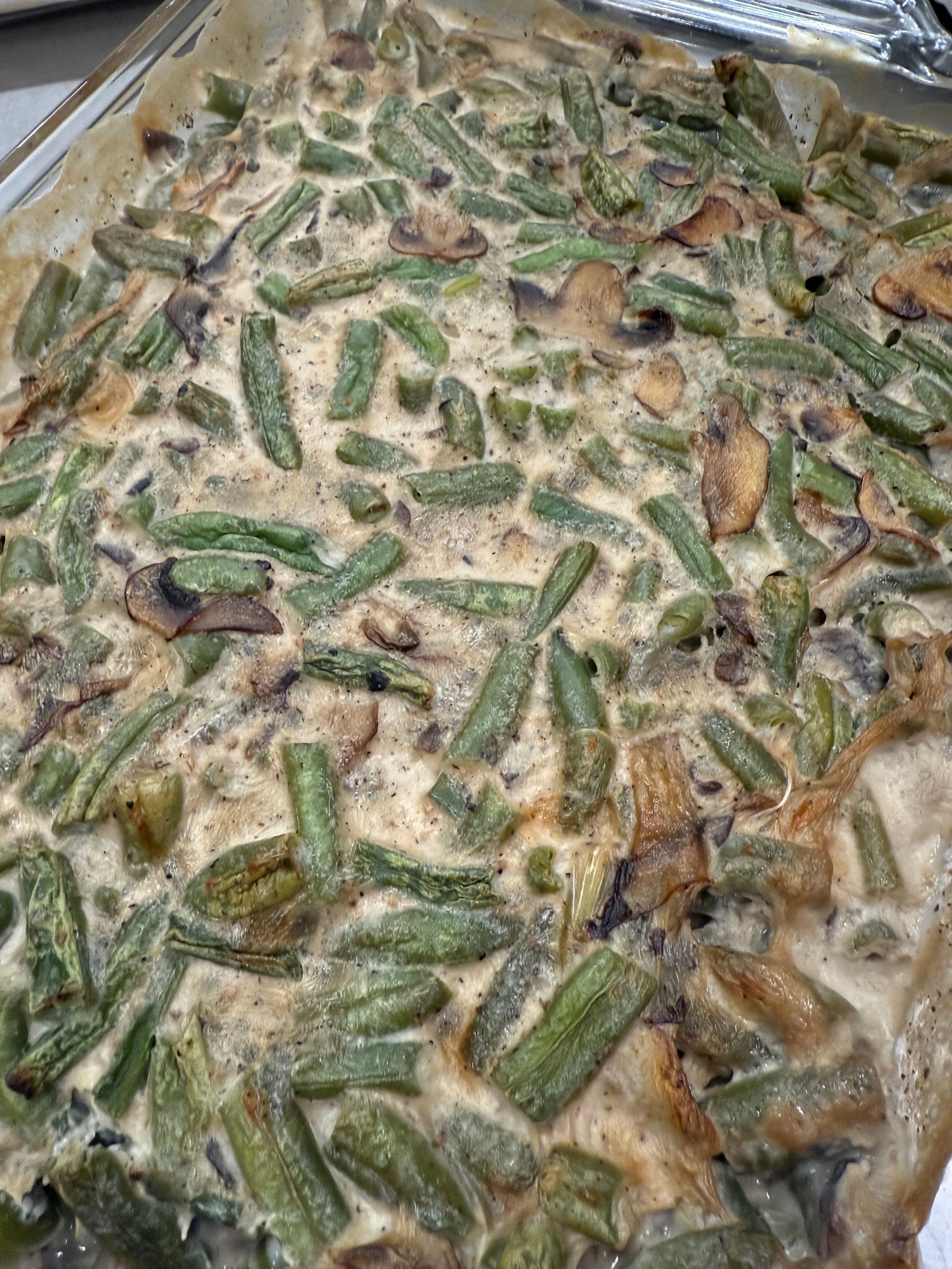 Green bean casserole in a baking dish.