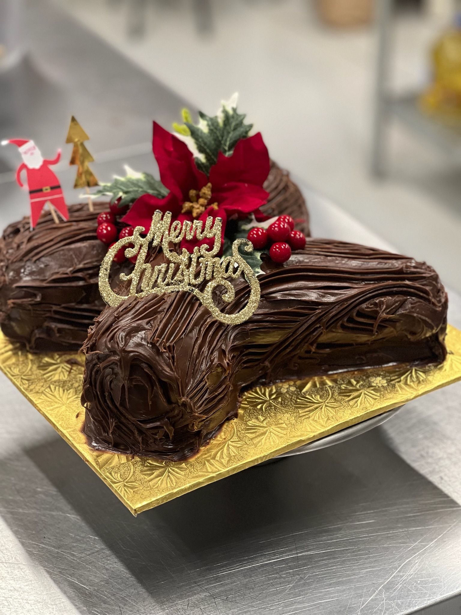 Chocolate yule log cake decorated with 