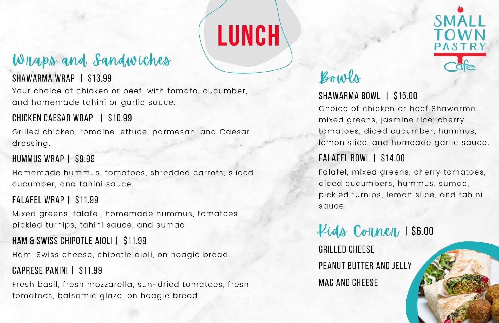 Lunch menu from Small Town Pastry with wraps, sandwiches, bowls, and a kids' corner.