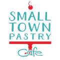 Logo for Small Town Pastry Cafe: turquoise text, red pedestal, cherry on top.