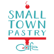 Logo for Small Town Pastry Cafe: turquoise text, red pedestal, cherry on top.