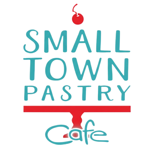 Logo for Small Town Pastry Cafe: turquoise text, red pedestal, cherry on top.