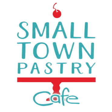 Logo for Small Town Pastry Cafe: turquoise text, red pedestal, cherry on top.