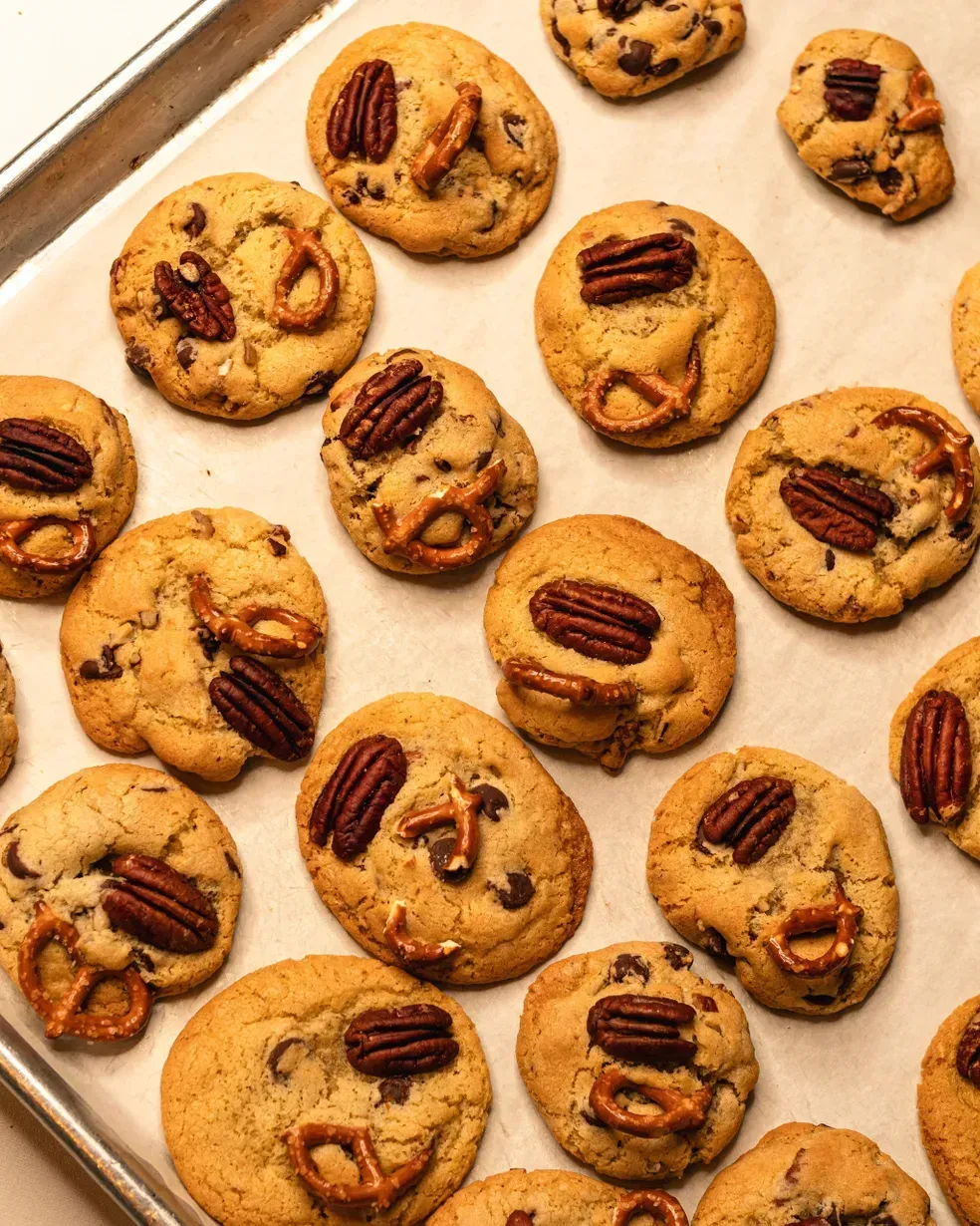 Cookies on a baking sheet, featuring pecans, pretzels, and chocolate chips.