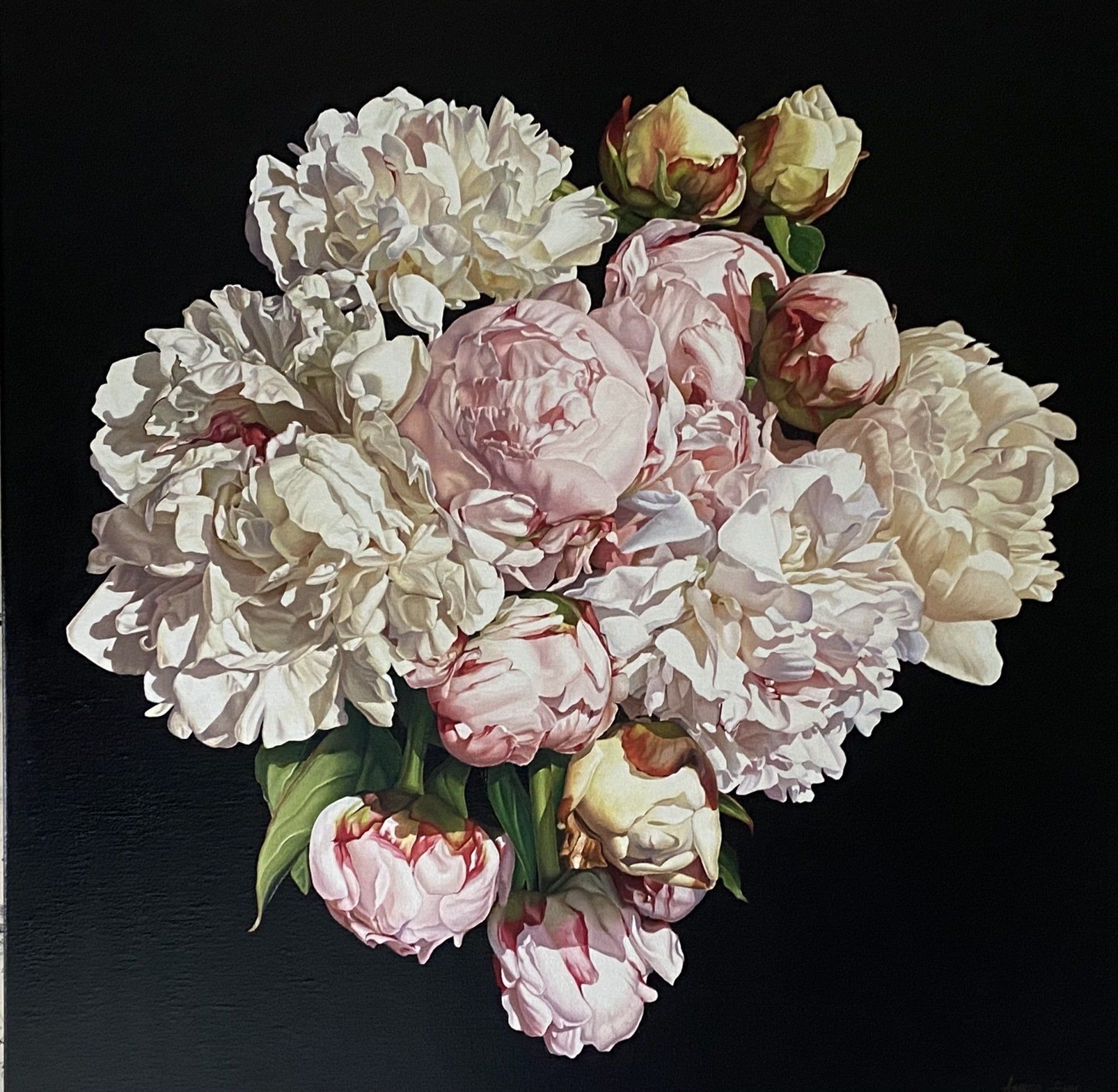 A painting of pink and white flowers on a black background