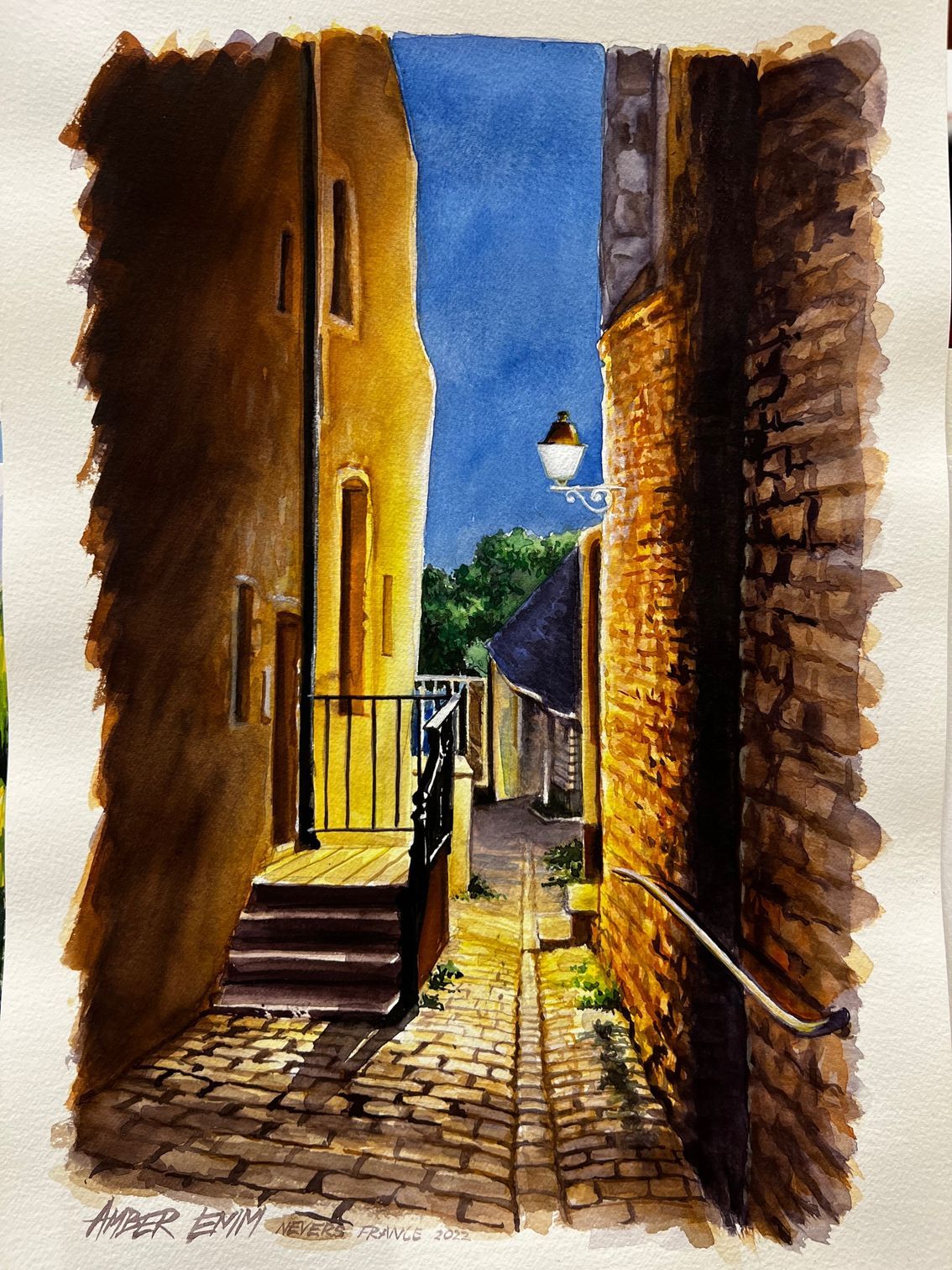 A painting of a narrow alleyway between two brick buildings