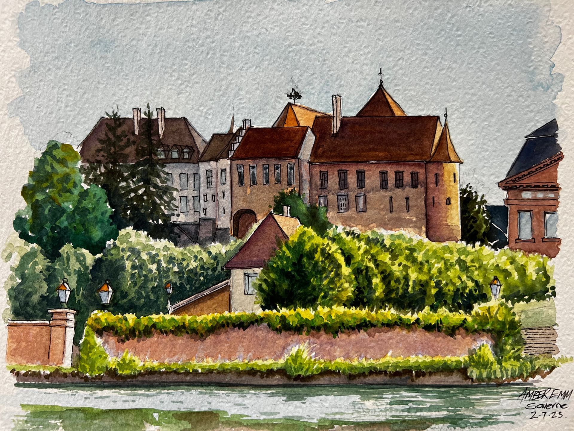 A watercolor painting of a castle on top of a hill
