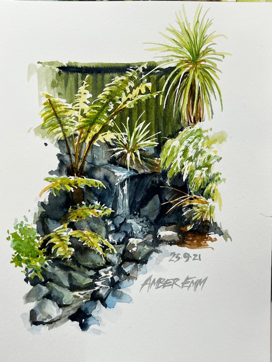 A watercolor painting of a waterfall with ferns and palm trees