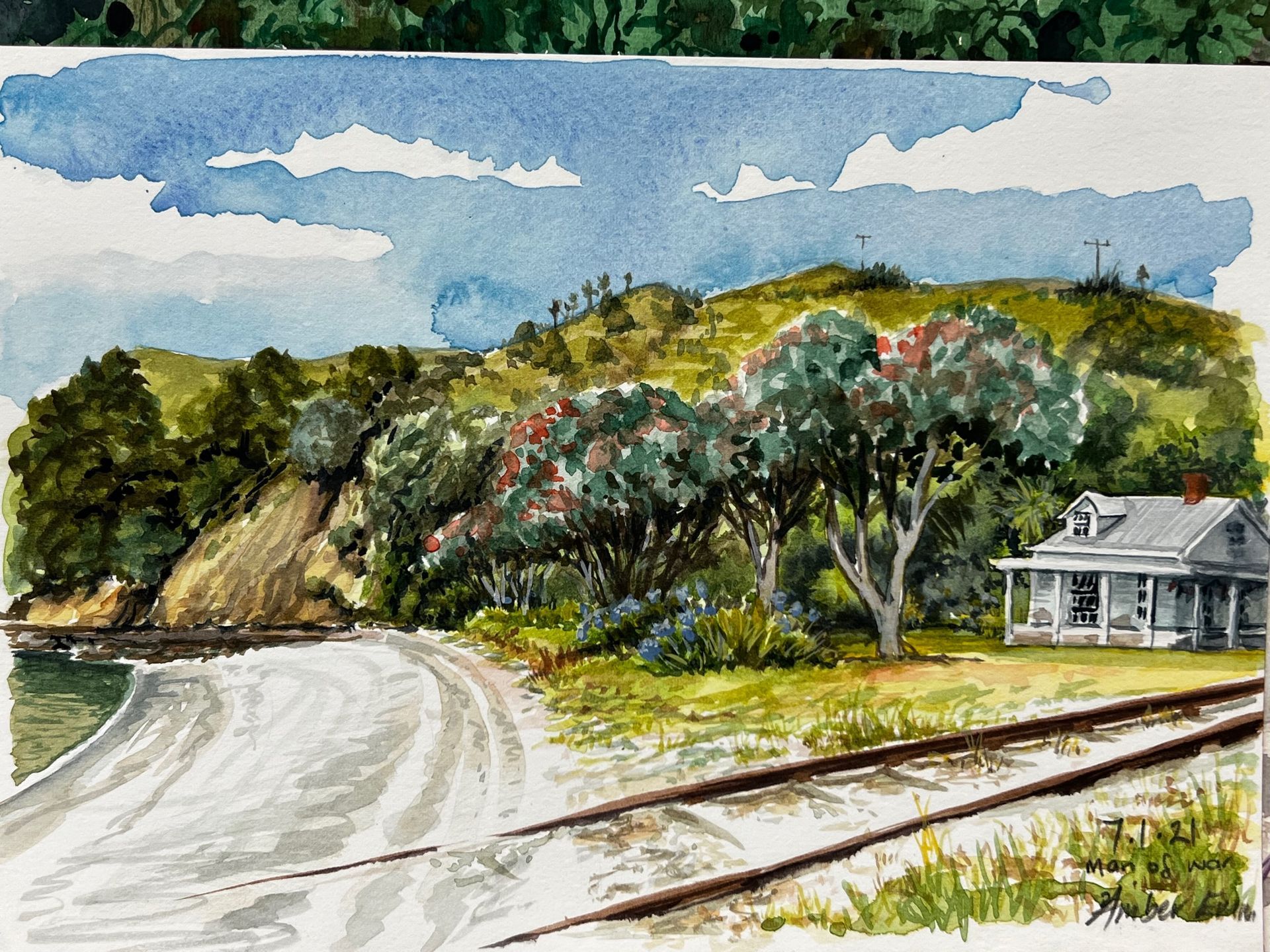 A painting of a house on a hill next to a body of water