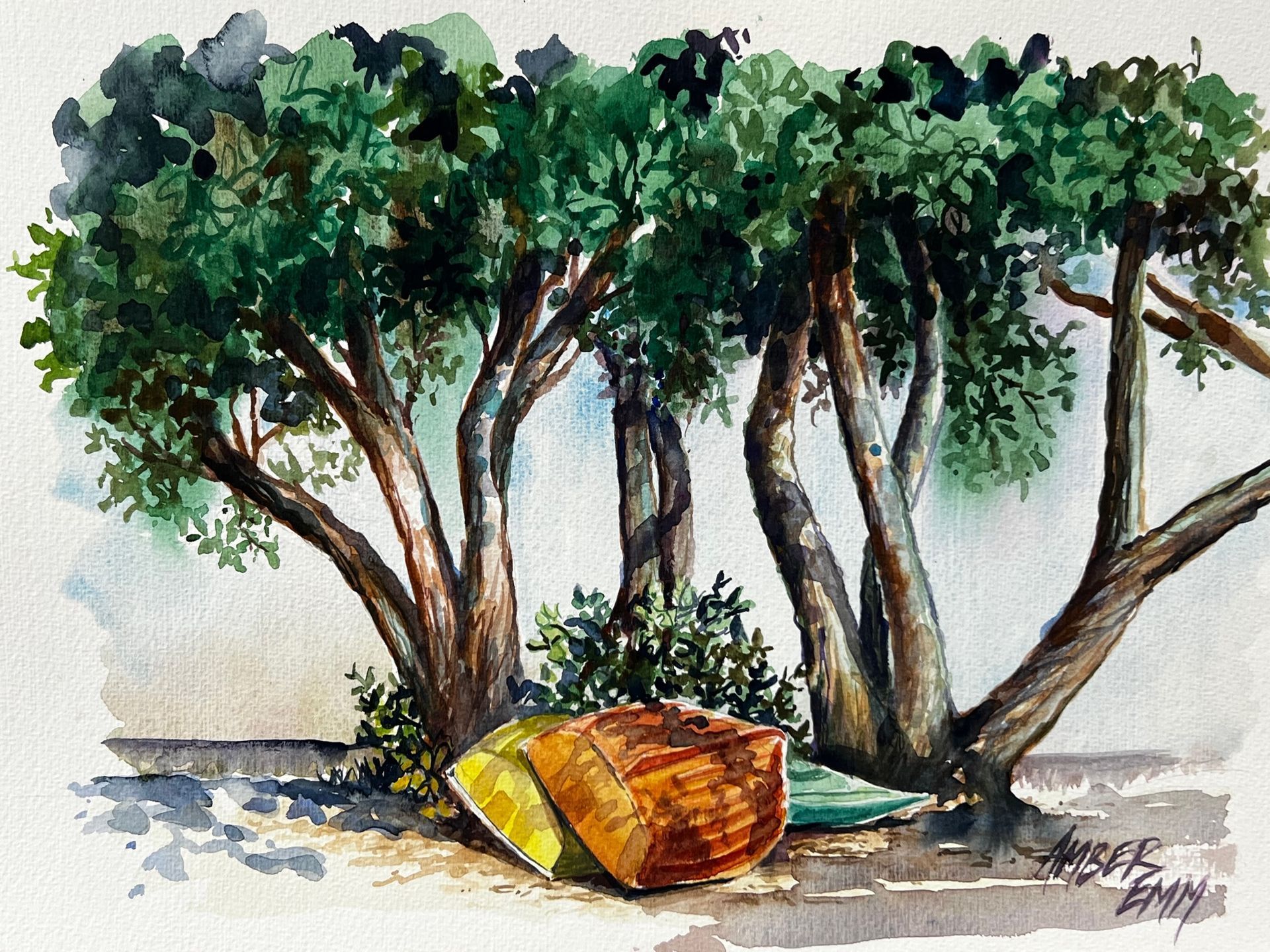 A watercolor painting of trees and a boat on the beach