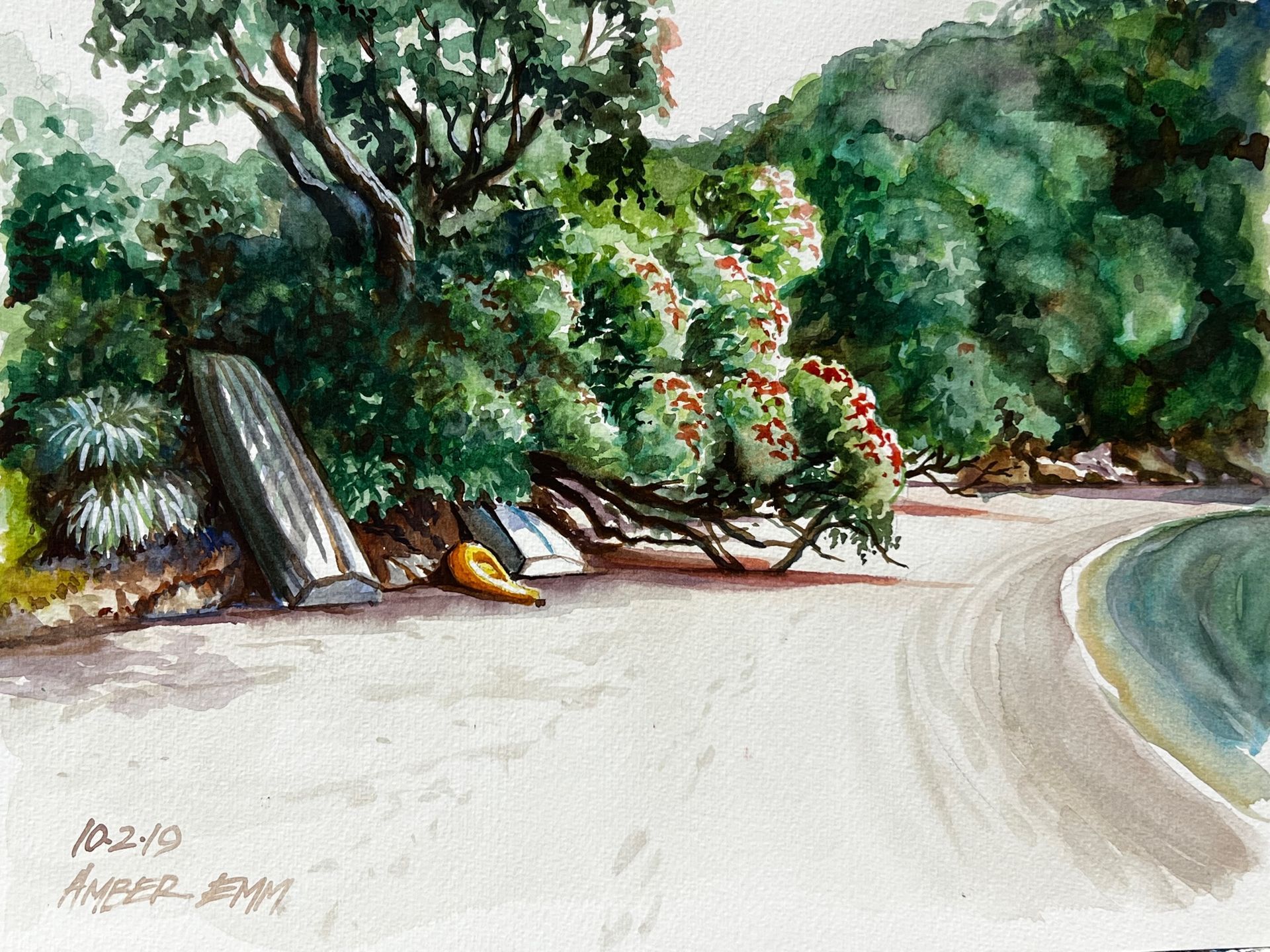 A watercolor painting of a road with trees on the side