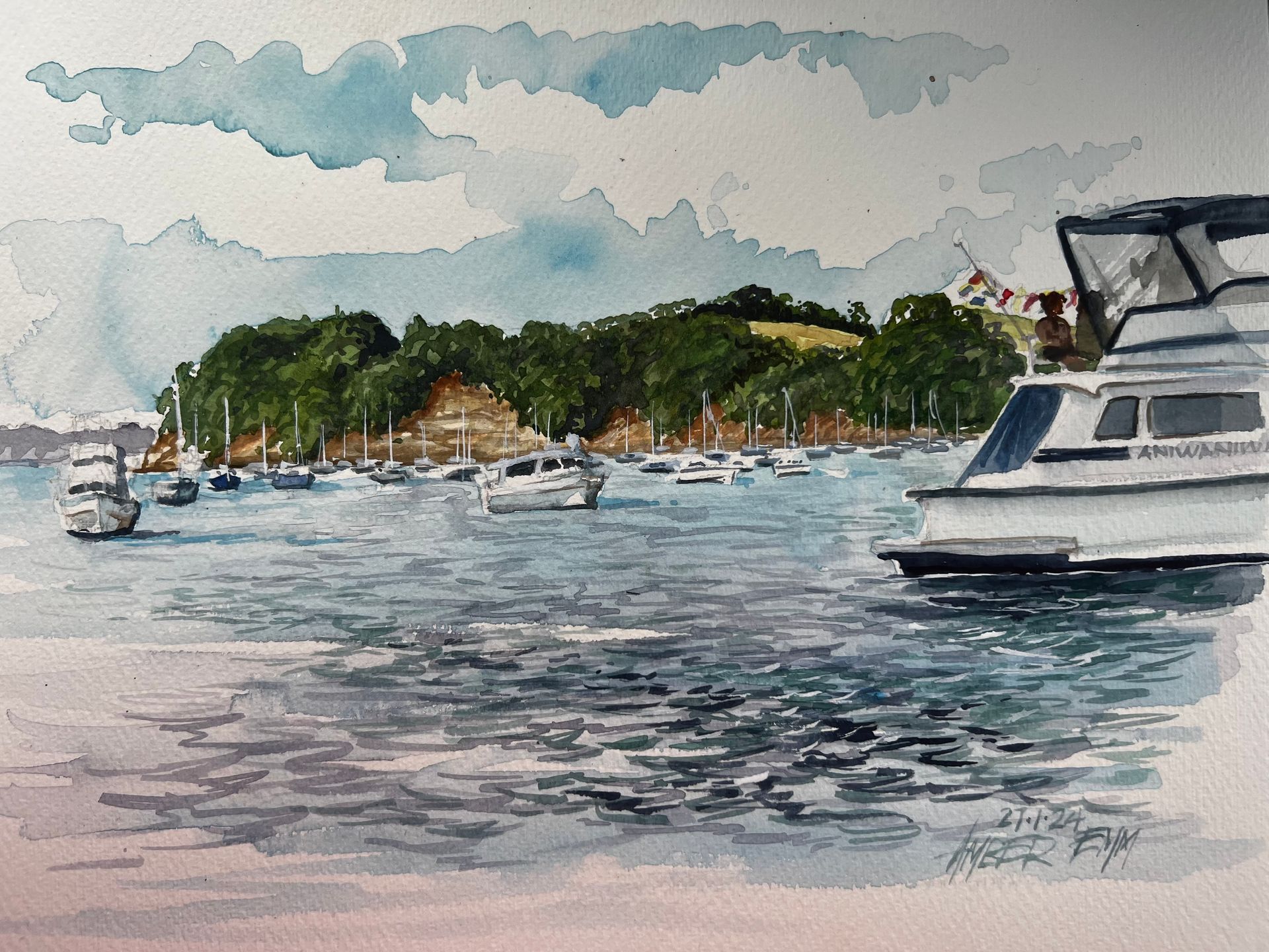 A watercolor painting of a boat in a harbor