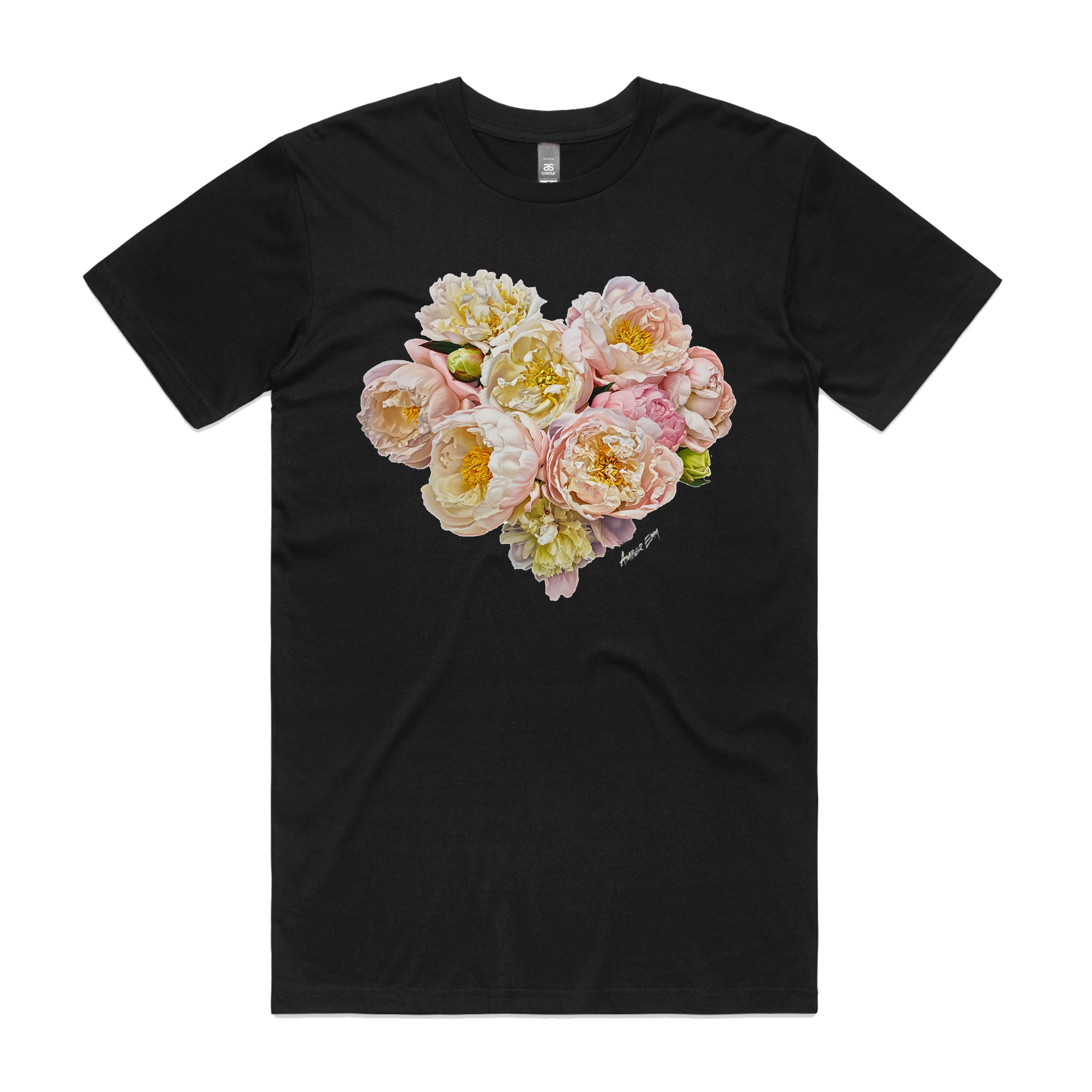 A black t-shirt with a heart of flowers on it