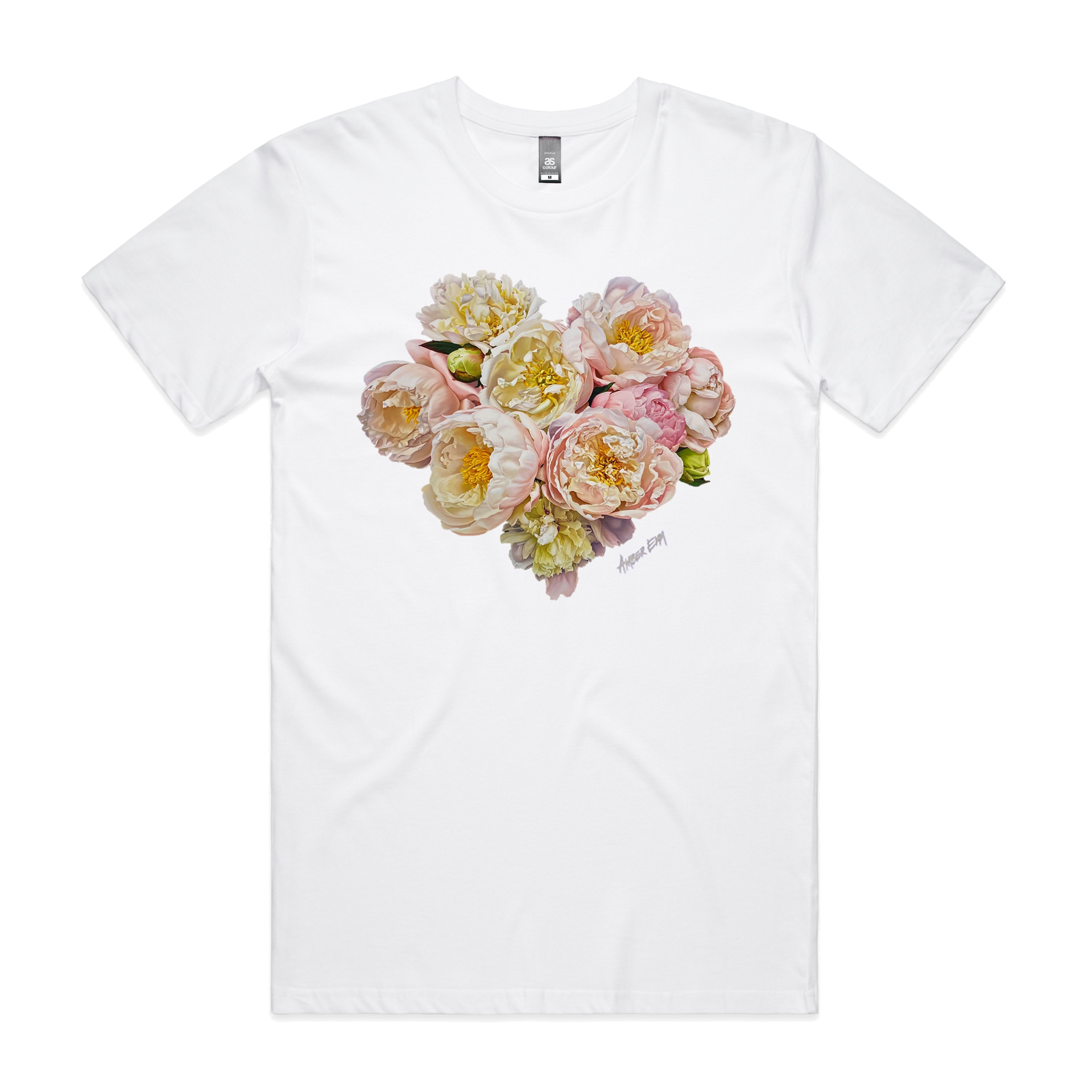 A white t-shirt with a heart made of flowers on it.
