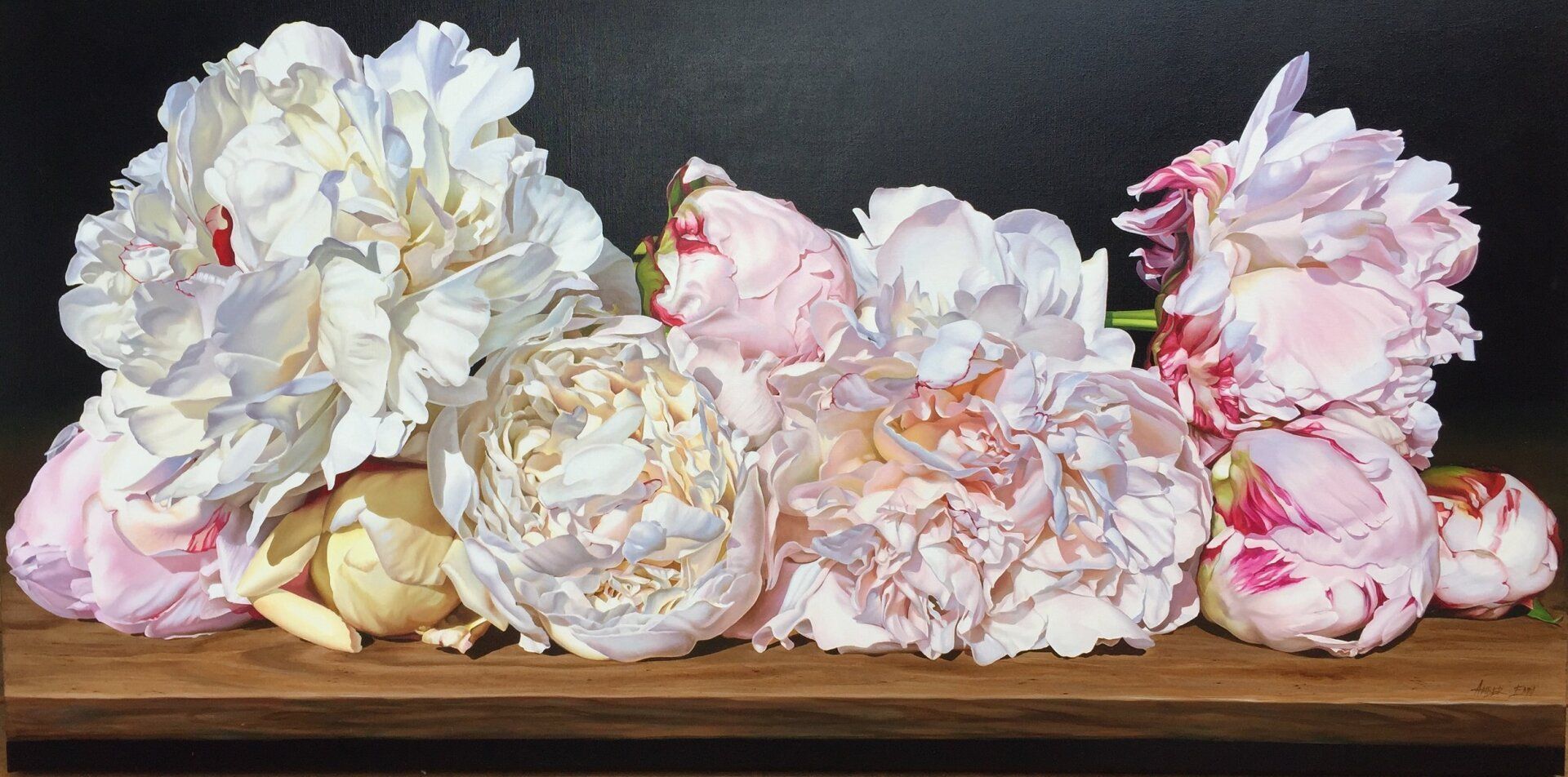 A painting of pink and white peonies on a wooden shelf.